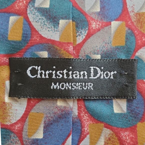 Vintage Christian Dior Monsieur Neck Tie Silk Red Abstract Length 57" Width 3.5" - Picture 3 of 6